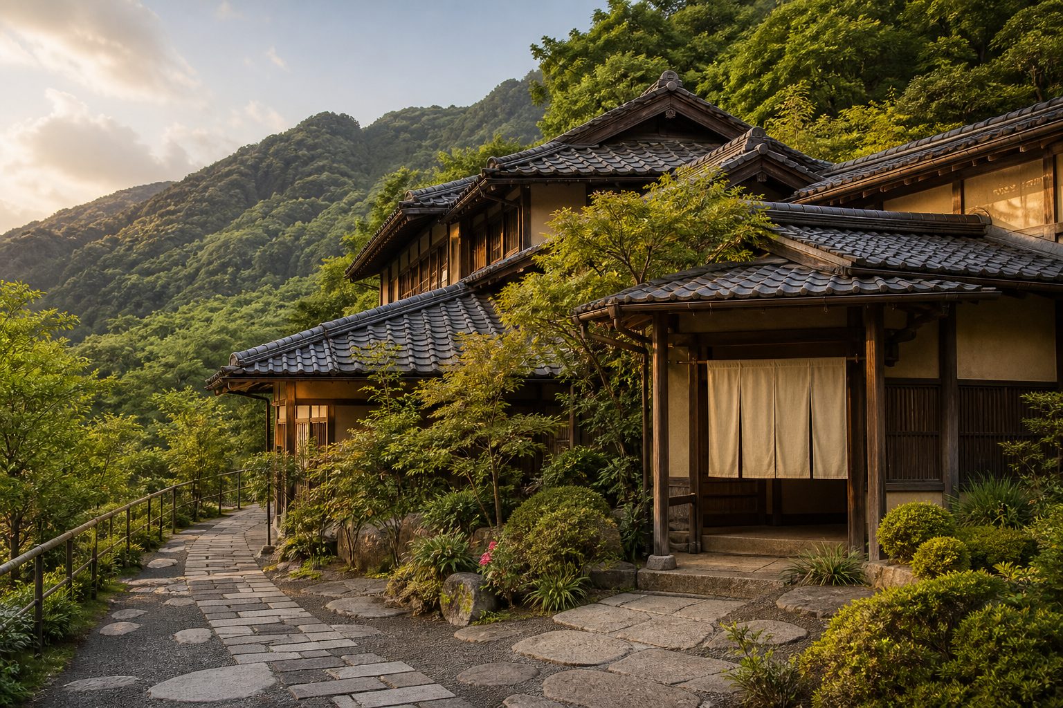 夕暮れ時の富田屋別館の外観